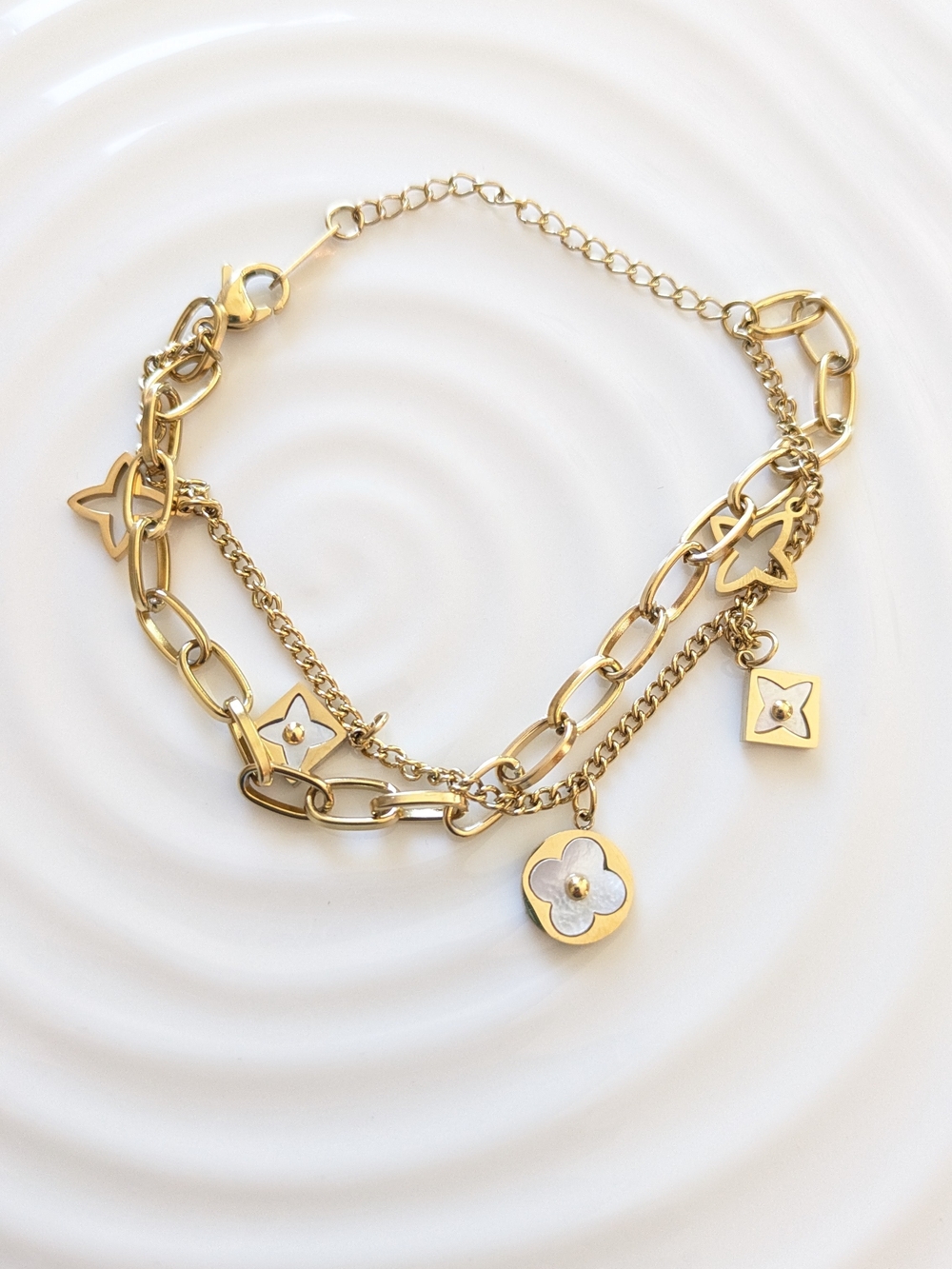 18k Gold Plated Multi-Chain Charm Bracelet with Floral Accents